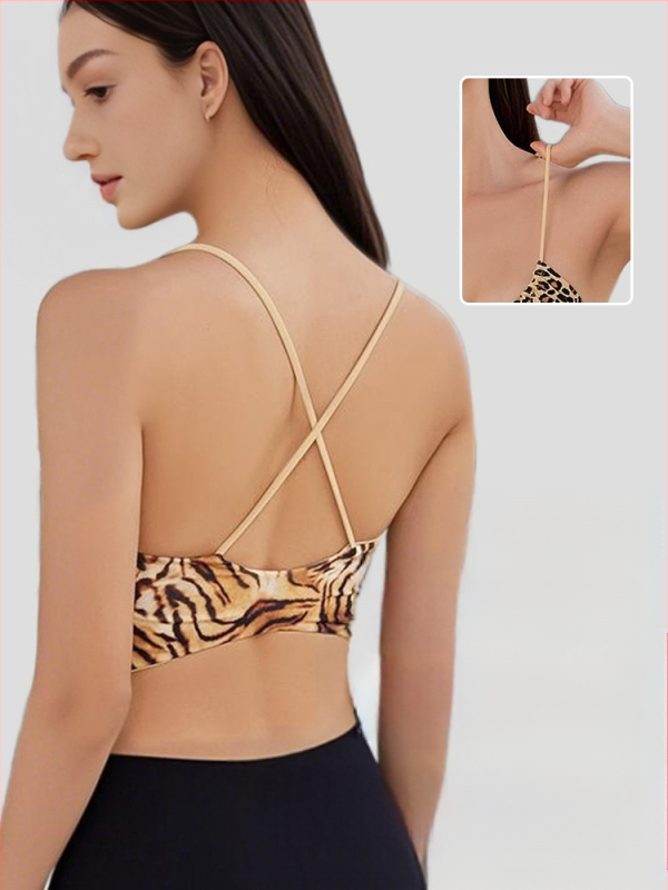 Női integrált vékony pántos sportmelltartó - leopárd mintás, 3/4 kosár, közepes formázó kosár, nylon 75% és 25% spandex bélés, rögzített dupla pántok