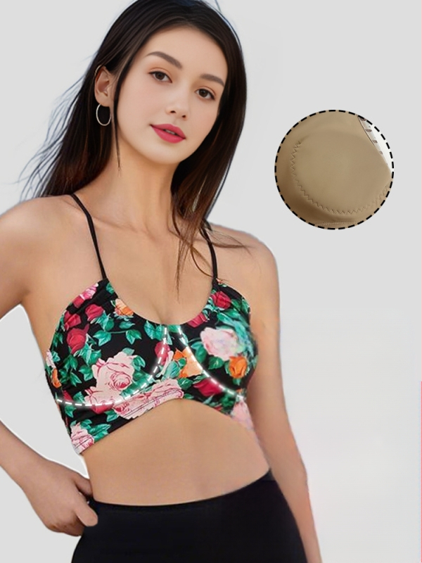 Női integrált vékony pántos sportmelltartó - leopárd mintás, 3/4 kosár, közepes formázó kosár, nylon 75% és 25% spandex bélés, rögzített dupla pántok