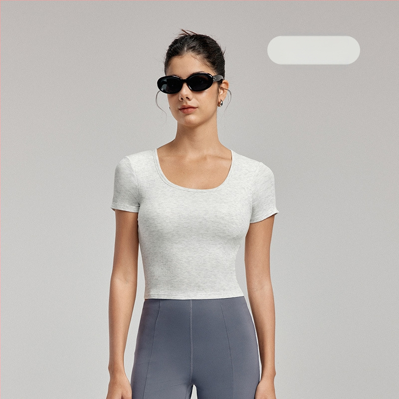 Йога топ с подплънки за бюста - дишаща вискоза-еластан смес, слим фит, талия-дължина, къс ръкав, за йога и спорт