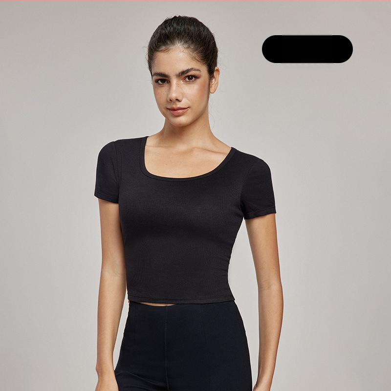 Йога топ с подплънки за бюста - дишаща вискоза-еластан смес, слим фит, талия-дължина, къс ръкав, за йога и спорт