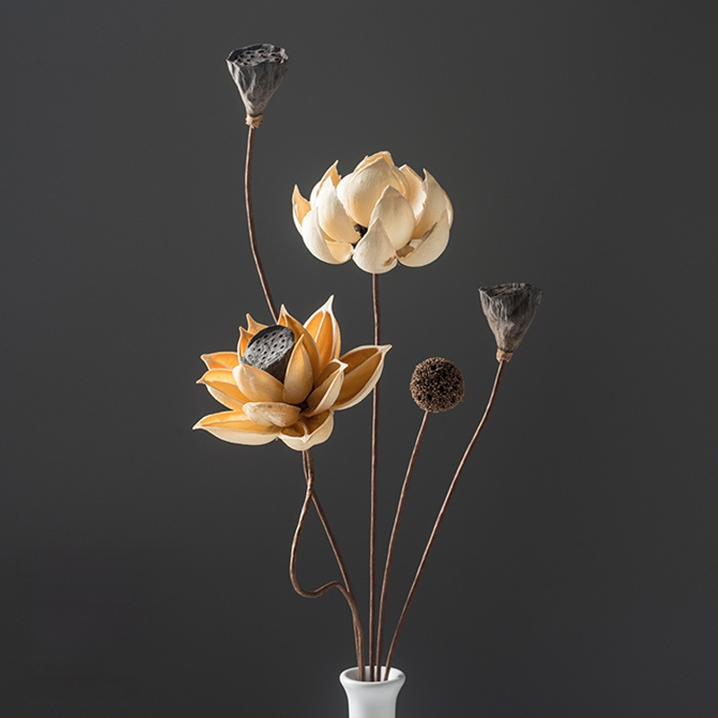 Zen stiliaus džiovintų gėlių puokštė svetainei – mišrios elementai su lotosu, lotus sėklų kapsulėmis ir pušų kankorėžiais (Variety: Lily; Material: Other; Craft: Other; Gift: No)