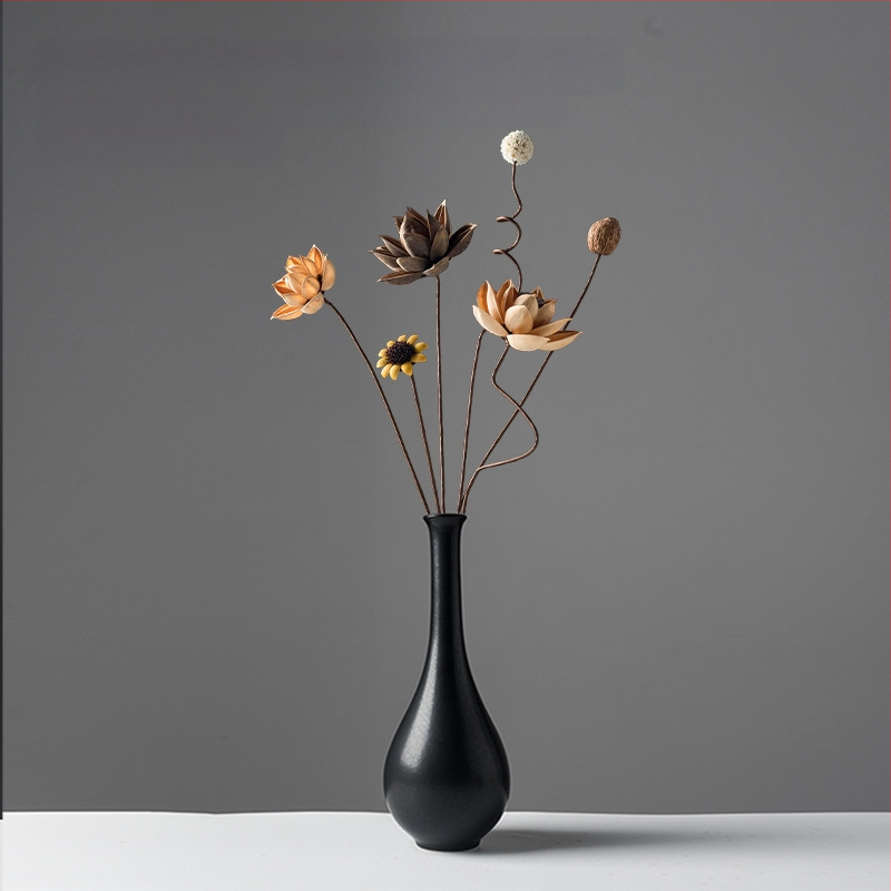 Zen stiliaus džiovintų gėlių puokštė svetainei – mišrios elementai su lotosu, lotus sėklų kapsulėmis ir pušų kankorėžiais (Variety: Lily; Material: Other; Craft: Other; Gift: No)