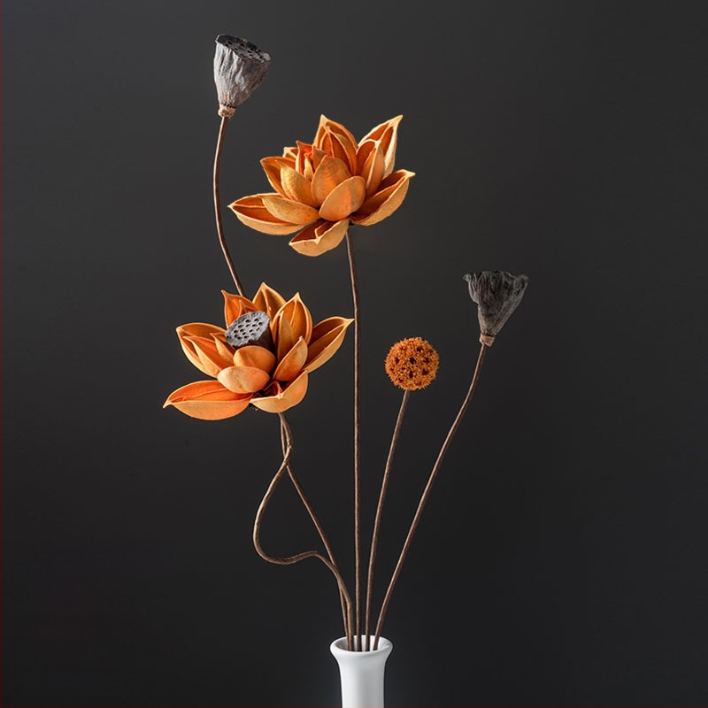 Zen stiliaus džiovintų gėlių puokštė svetainei – mišrios elementai su lotosu, lotus sėklų kapsulėmis ir pušų kankorėžiais (Variety: Lily; Material: Other; Craft: Other; Gift: No)