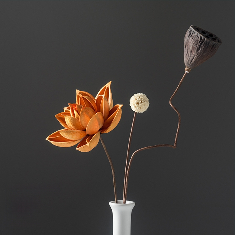 Zen stiliaus džiovintų gėlių puokštė svetainei – mišrios elementai su lotosu, lotus sėklų kapsulėmis ir pušų kankorėžiais (Variety: Lily; Material: Other; Craft: Other; Gift: No)