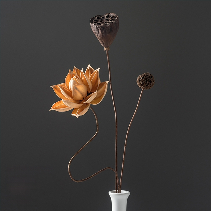 Zen stiliaus džiovintų gėlių puokštė svetainei – mišrios elementai su lotosu, lotus sėklų kapsulėmis ir pušų kankorėžiais (Variety: Lily; Material: Other; Craft: Other; Gift: No)