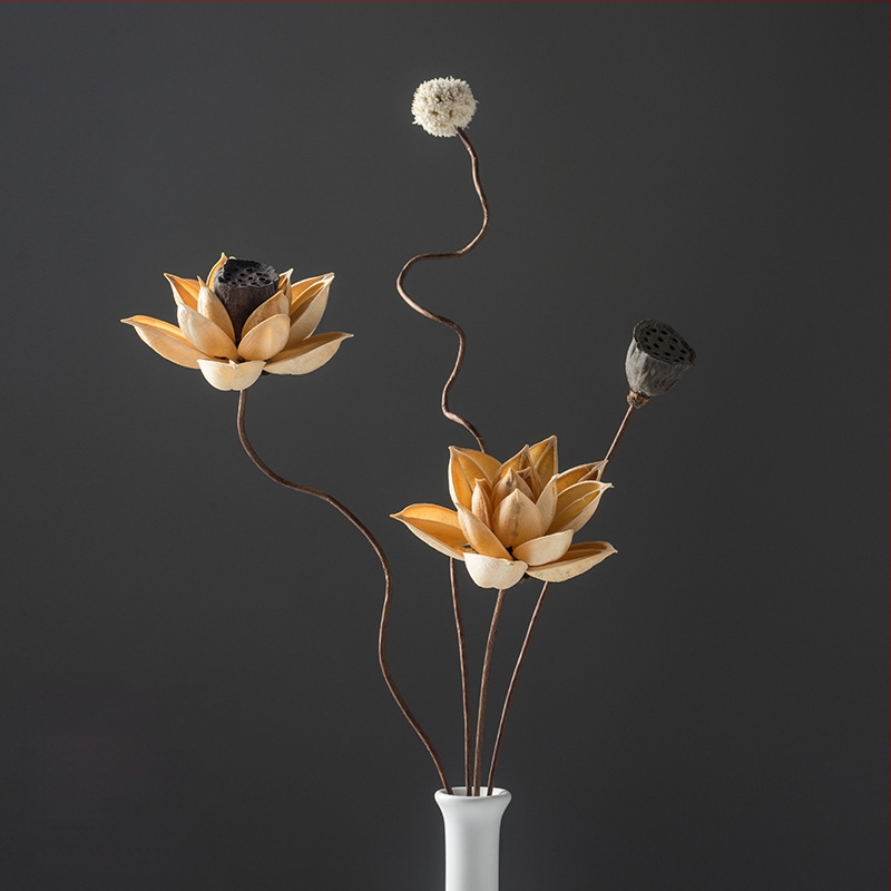 Zen stiliaus džiovintų gėlių puokštė svetainei – mišrios elementai su lotosu, lotus sėklų kapsulėmis ir pušų kankorėžiais (Variety: Lily; Material: Other; Craft: Other; Gift: No)