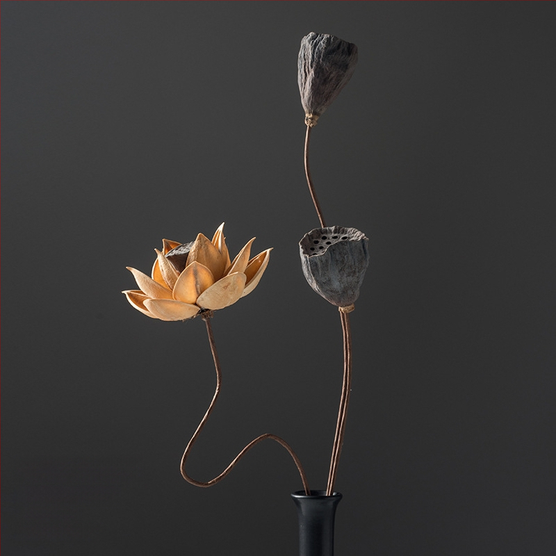 Zen stiliaus džiovintų gėlių puokštė svetainei – mišrios elementai su lotosu, lotus sėklų kapsulėmis ir pušų kankorėžiais (Variety: Lily; Material: Other; Craft: Other; Gift: No)