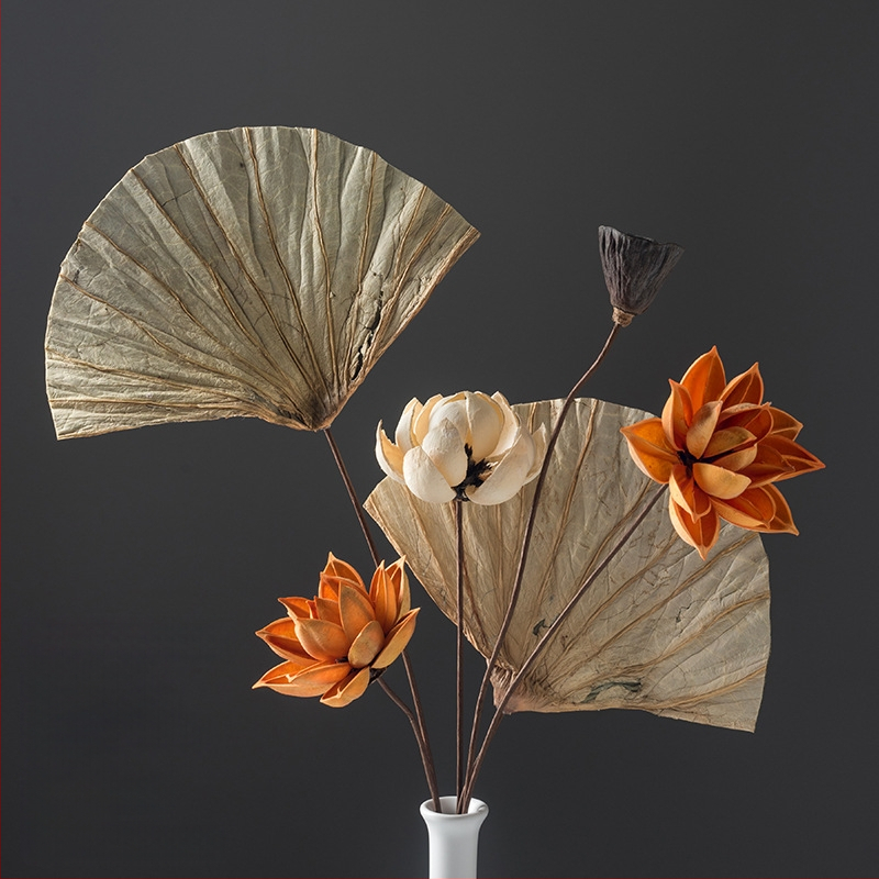 Zen stiliaus džiovintų gėlių puokštė svetainei – mišrios elementai su lotosu, lotus sėklų kapsulėmis ir pušų kankorėžiais (Variety: Lily; Material: Other; Craft: Other; Gift: No)