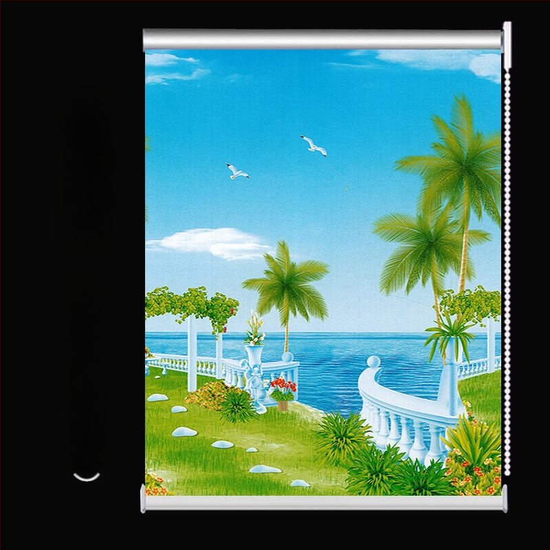 Rullējošais aizkars, uzstādīšana bez caurumiem, biezāks audums ar ainavas rakstu dzīvojamai istabai