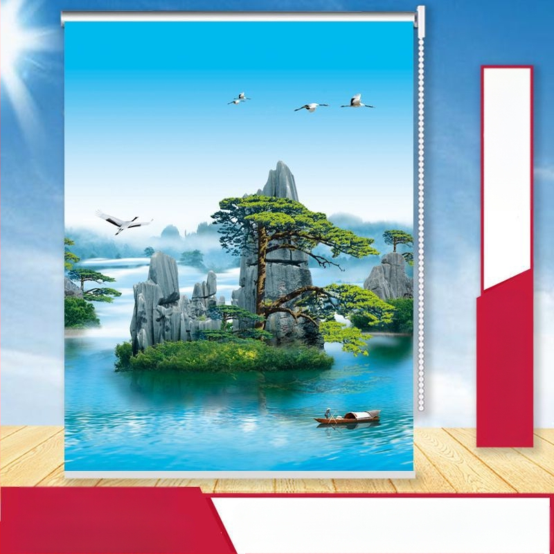 Rullējošais aizkars, uzstādīšana bez caurumiem, biezāks audums ar ainavas rakstu dzīvojamai istabai