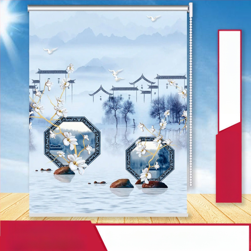 Rullējošais aizkars, uzstādīšana bez caurumiem, biezāks audums ar ainavas rakstu dzīvojamai istabai