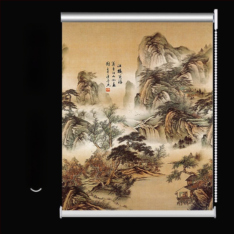 Rullējošais aizkars, uzstādīšana bez caurumiem, biezāks audums ar ainavas rakstu dzīvojamai istabai