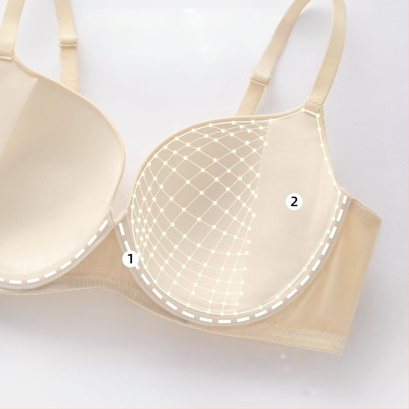 Bešiu siūlų liemenėlė su minkštu plieno žiedu, pilno puodelio, plonas formuotas puodelis, push-up palaikymas, nailoninis audinys, fiksuotos dvigubos petnešos, nugaros trijų eilių sagčių