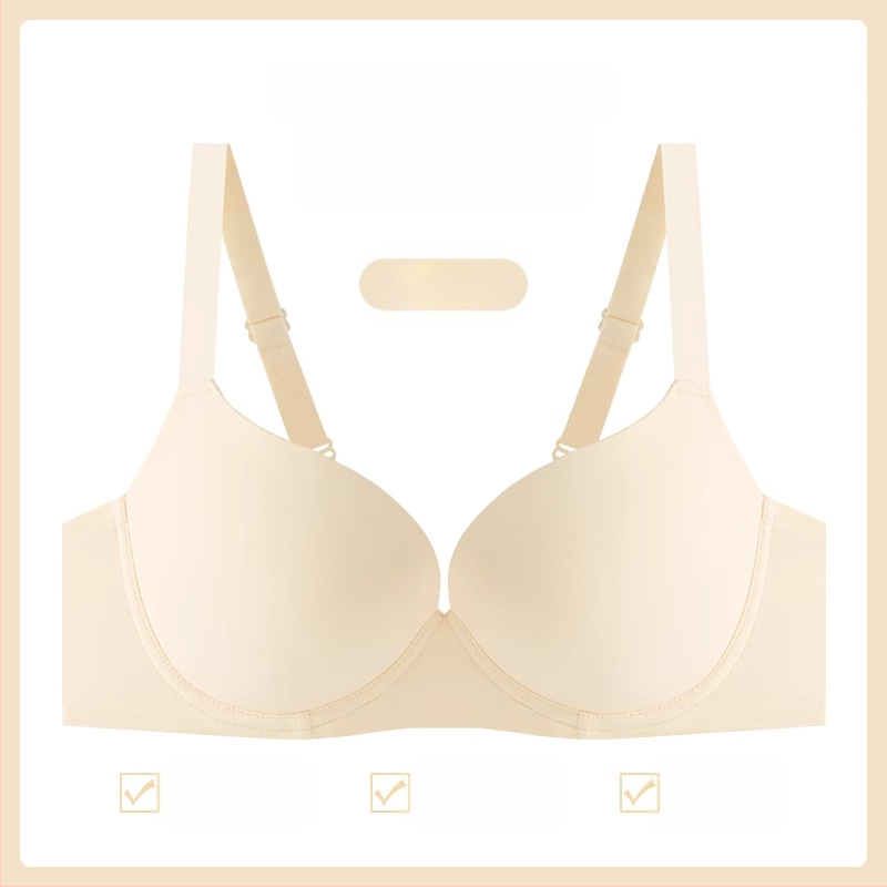 Bešiu siūlų liemenėlė su minkštu plieno žiedu, pilno puodelio, plonas formuotas puodelis, push-up palaikymas, nailoninis audinys, fiksuotos dvigubos petnešos, nugaros trijų eilių sagčių