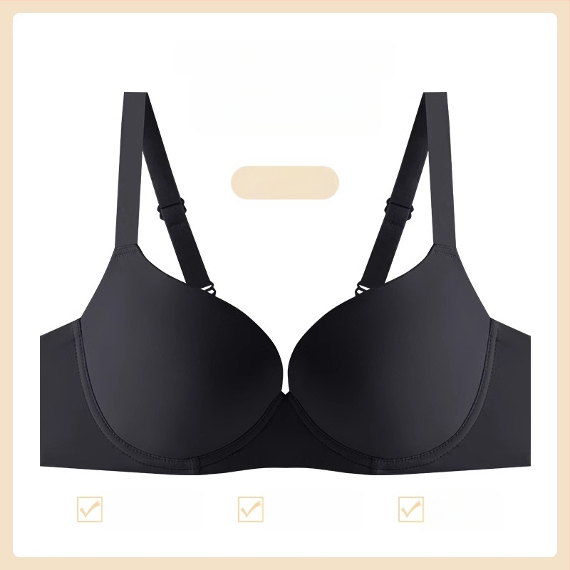 Bešiu siūlų liemenėlė su minkštu plieno žiedu, pilno puodelio, plonas formuotas puodelis, push-up palaikymas, nailoninis audinys, fiksuotos dvigubos petnešos, nugaros trijų eilių sagčių