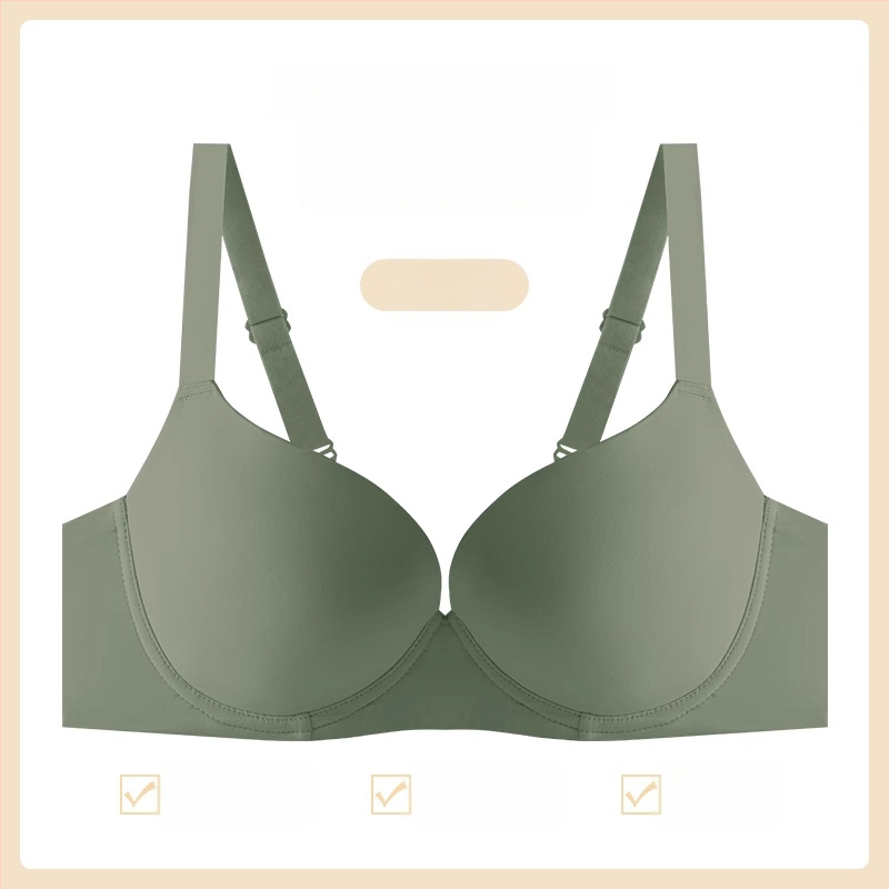 Bešiu siūlų liemenėlė su minkštu plieno žiedu, pilno puodelio, plonas formuotas puodelis, push-up palaikymas, nailoninis audinys, fiksuotos dvigubos petnešos, nugaros trijų eilių sagčių