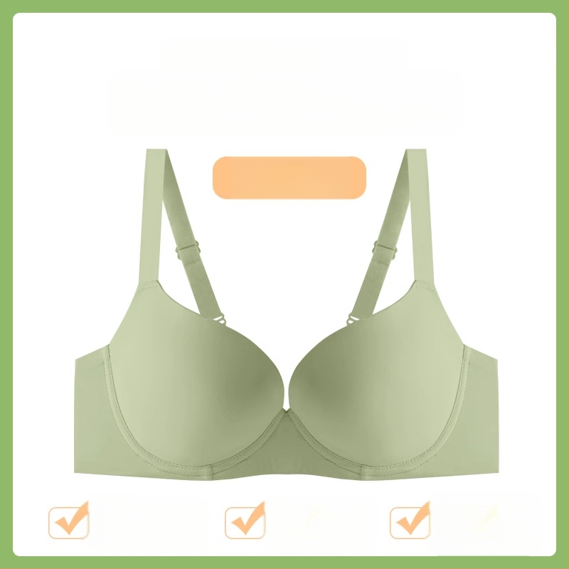 Bešiu siūlų liemenėlė su minkštu plieno žiedu, pilno puodelio, plonas formuotas puodelis, push-up palaikymas, nailoninis audinys, fiksuotos dvigubos petnešos, nugaros trijų eilių sagčių