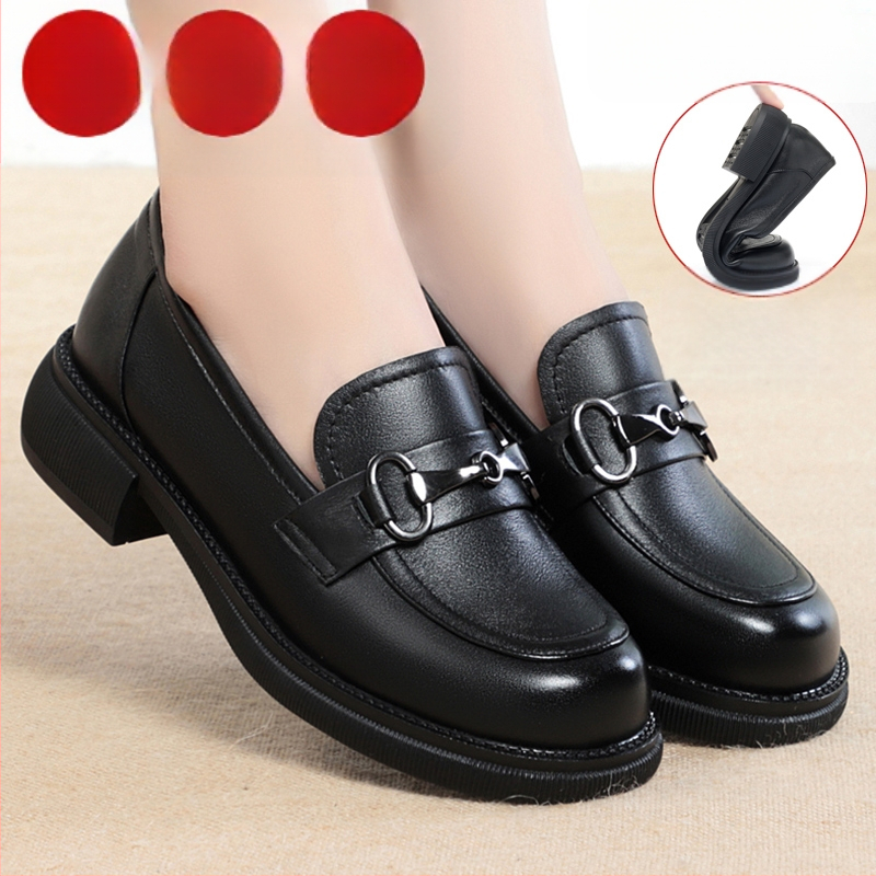 PU odiniai moterų loafersai su apvalia nosimi, storas kulnas 6–8 cm, guminis padas