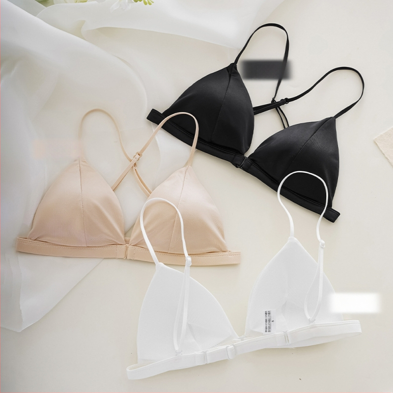 Liemenėlė su trikampiais puodeliais, prancūziško stiliaus satinas, priekinė sagtis, plonos petnešėlės, be siūlių, kvėpuojanti