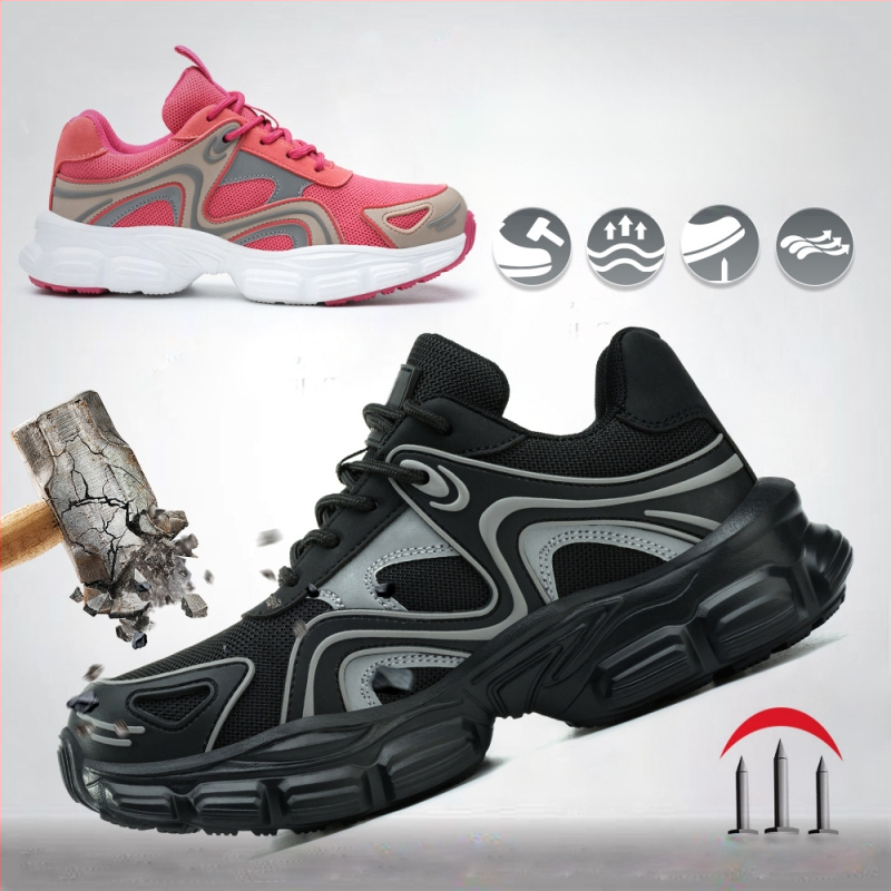 Anbaili moterų saugūs batai su plieniniu pirštu, Flyknit viršus, atsparūs smūgiams ir prasiskverbimui, žemas kulkšnies dizainas