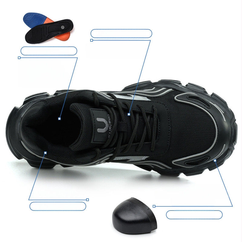 Anbaili moterų saugūs batai su plieniniu pirštu, Flyknit viršus, atsparūs smūgiams ir prasiskverbimui, žemas kulkšnies dizainas