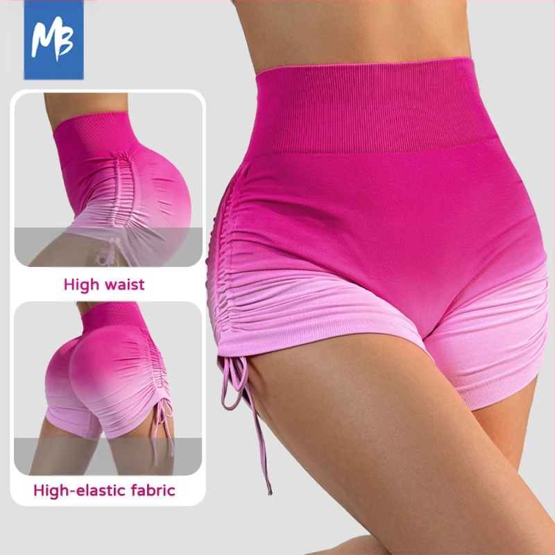 Moterų jogos šortai su gradientu - aukštas juosmuo, be siūlių, su raišteliu, kvėpuojantys, iš nailono ir spandekso (90/10)