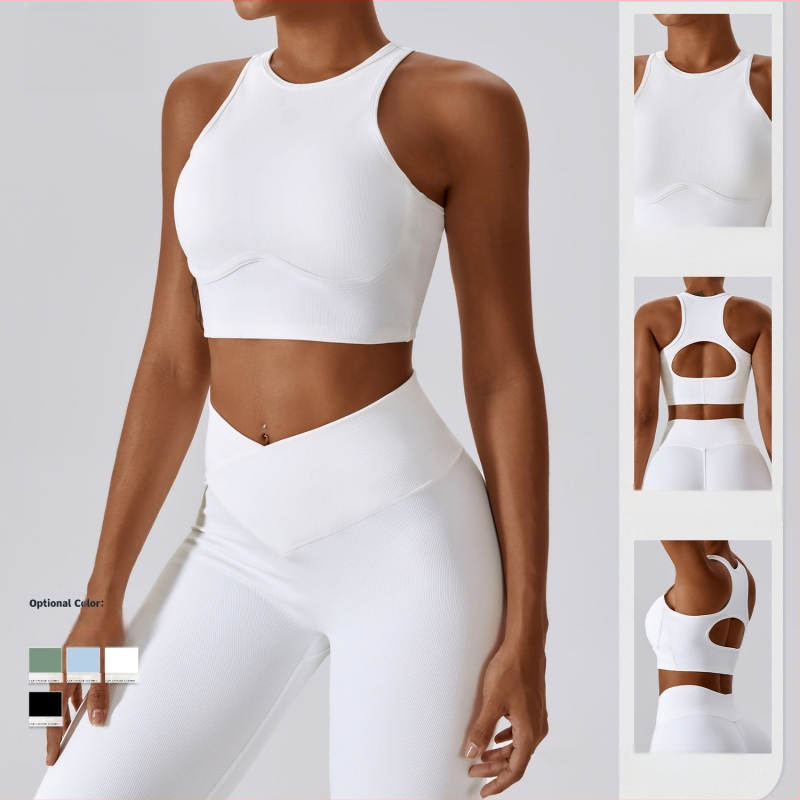 Sportos mellény fix kosarakkal, nylon anyagú külső és spandex bélés, vékony formázott kosár, teljes kosár, fix nyakpánt halter-stílusú