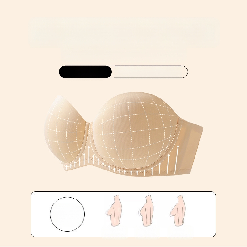 Be petnešėlių moteriška liemenėlė su minkštu plieno žiedu, push-up efektas, 1/2 kaušas, plonos formuojančios kaušus, nugaros užsegimas su keturiais spaustukais