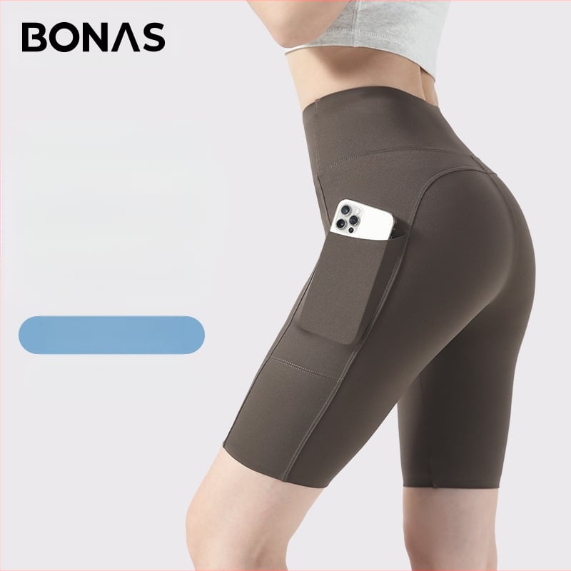 Moterų dviračių/jogos tamprės kelnaitės su šoninėmis kišenėmis, plonas nailono-spandekso audinys, aukšta elastė, pilvo kontrolė ir sėdmenų pakėlimas