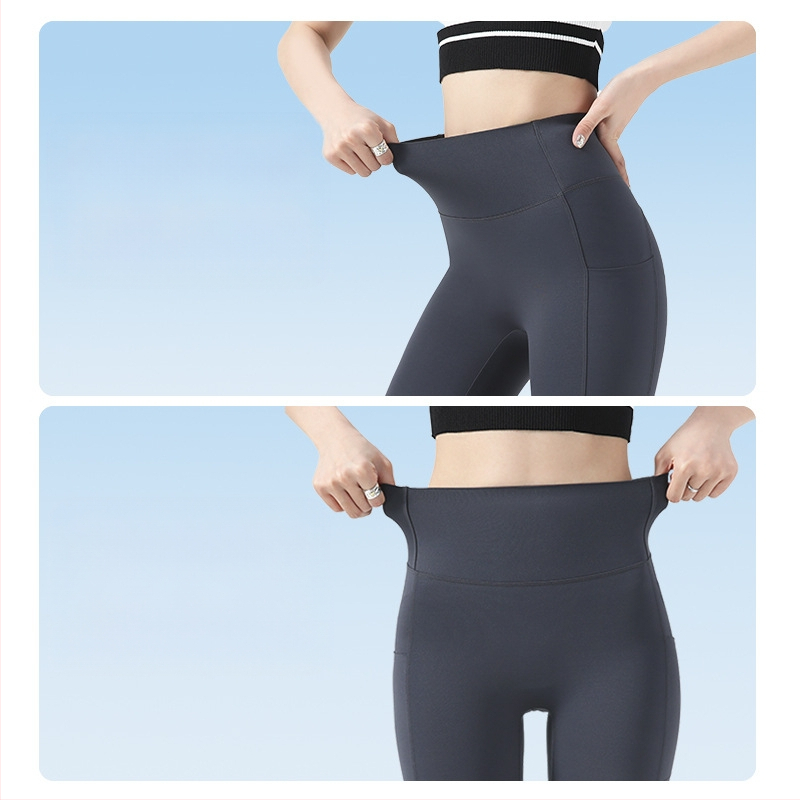 Moterų dviračių/jogos tamprės kelnaitės su šoninėmis kišenėmis, plonas nailono-spandekso audinys, aukšta elastė, pilvo kontrolė ir sėdmenų pakėlimas
