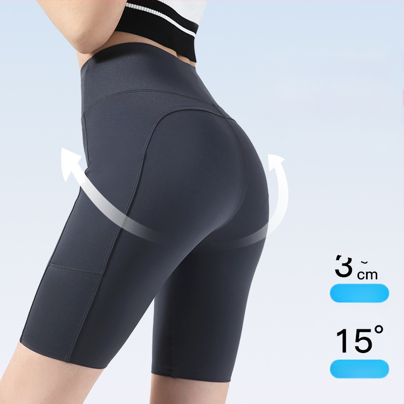 Moterų dviračių/jogos tamprės kelnaitės su šoninėmis kišenėmis, plonas nailono-spandekso audinys, aukšta elastė, pilvo kontrolė ir sėdmenų pakėlimas