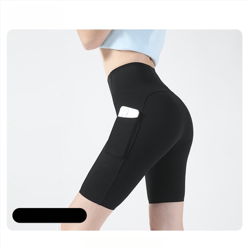 Moterų dviračių/jogos tamprės kelnaitės su šoninėmis kišenėmis, plonas nailono-spandekso audinys, aukšta elastė, pilvo kontrolė ir sėdmenų pakėlimas