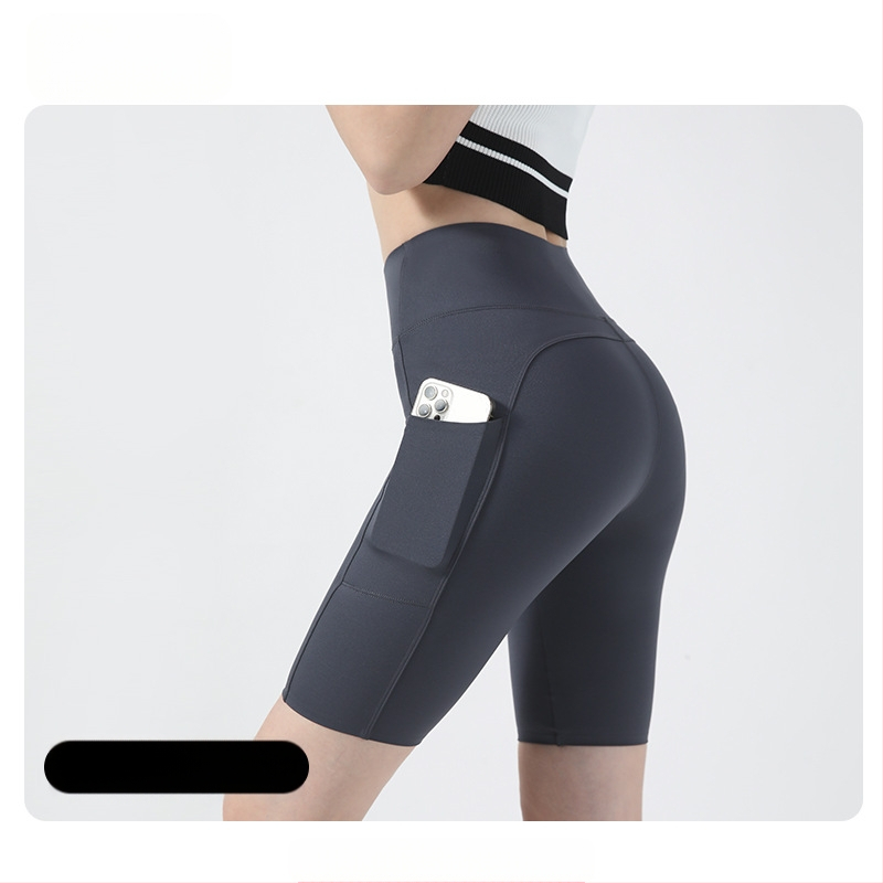 Moterų dviračių/jogos tamprės kelnaitės su šoninėmis kišenėmis, plonas nailono-spandekso audinys, aukšta elastė, pilvo kontrolė ir sėdmenų pakėlimas