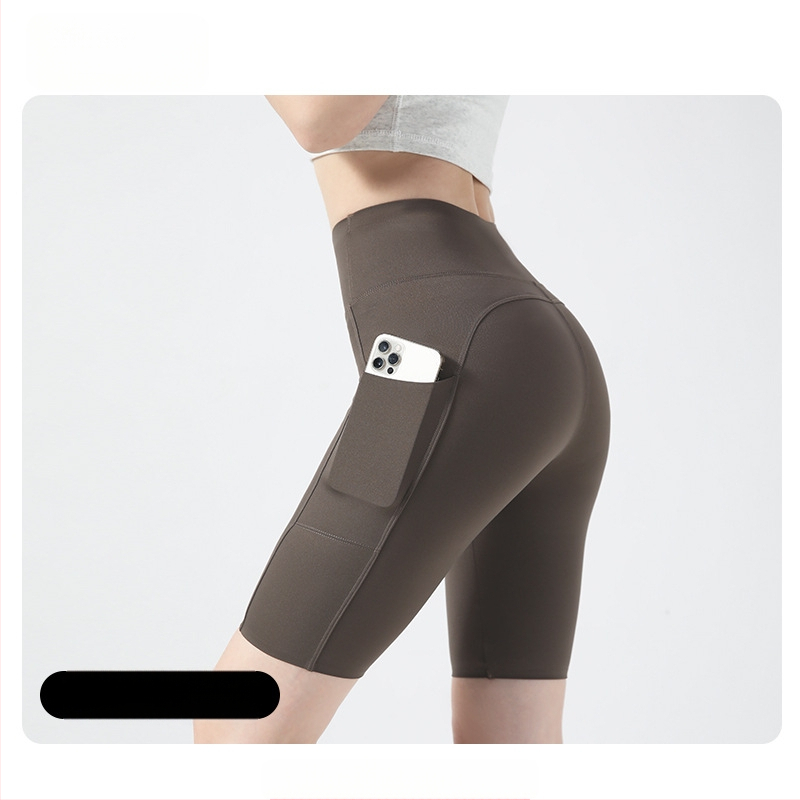 Moterų dviračių/jogos tamprės kelnaitės su šoninėmis kišenėmis, plonas nailono-spandekso audinys, aukšta elastė, pilvo kontrolė ir sėdmenų pakėlimas