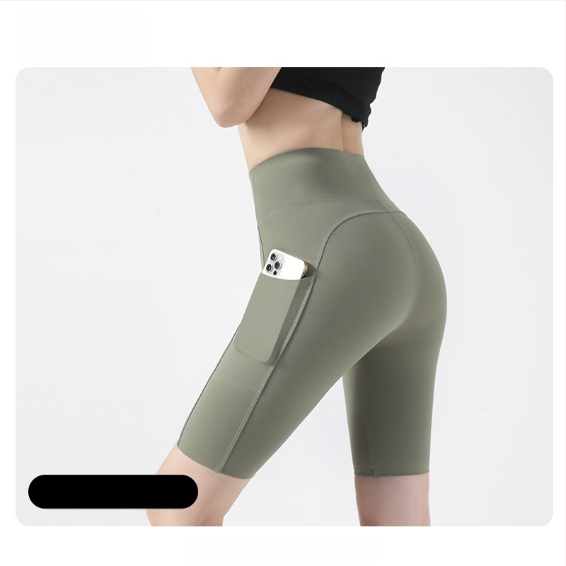 Moterų dviračių/jogos tamprės kelnaitės su šoninėmis kišenėmis, plonas nailono-spandekso audinys, aukšta elastė, pilvo kontrolė ir sėdmenų pakėlimas
