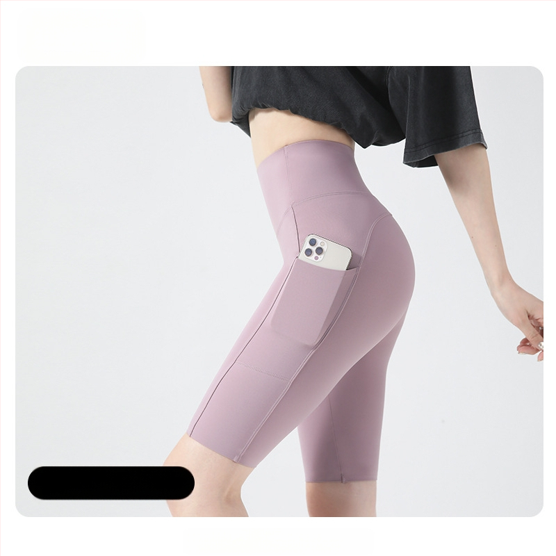 Moterų dviračių/jogos tamprės kelnaitės su šoninėmis kišenėmis, plonas nailono-spandekso audinys, aukšta elastė, pilvo kontrolė ir sėdmenų pakėlimas