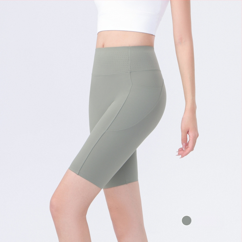 Moterų dviračių/jogos tamprės kelnaitės su šoninėmis kišenėmis, plonas nailono-spandekso audinys, aukšta elastė, pilvo kontrolė ir sėdmenų pakėlimas