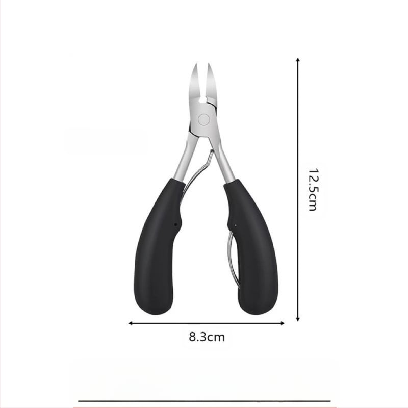 Nago griovelių žnyplės su plastiko rankena ir nerūdijančio plieno dantimis, skirtos manikiūrui ir pedikiūrui