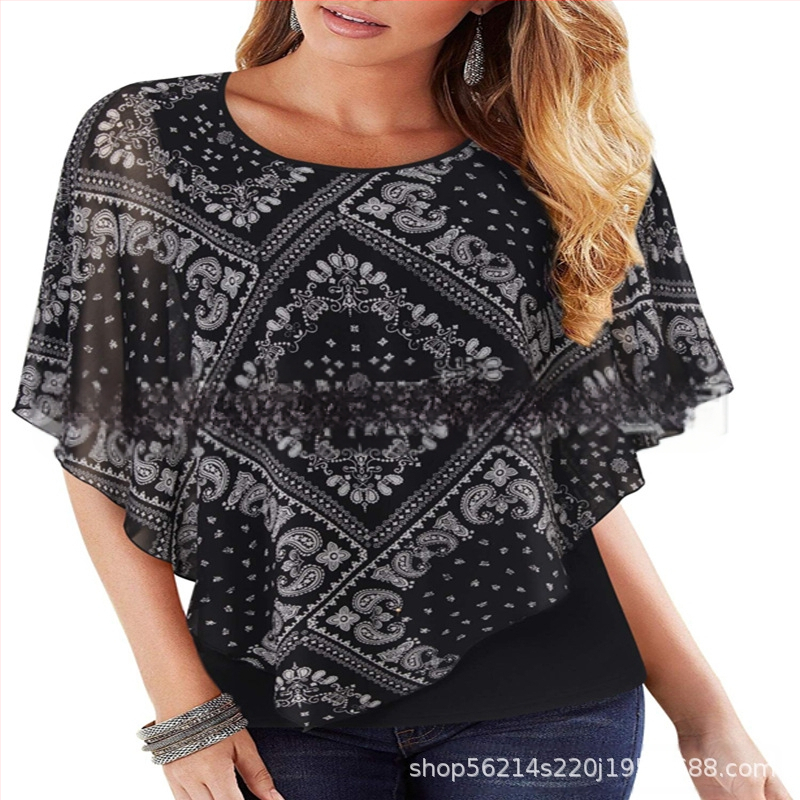 Šifono marškinėliai su spauda, laisvas kirpimas, apvalus kaklo iškirptė, batwing rankovės, ilgis 50–65 cm