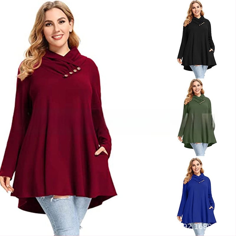 Moteriška palaidinė su ilgomis rankovėmis iš poliesterio, įstrižinė apykaklė, laisvas kirpimas, vienos spalvos raštas