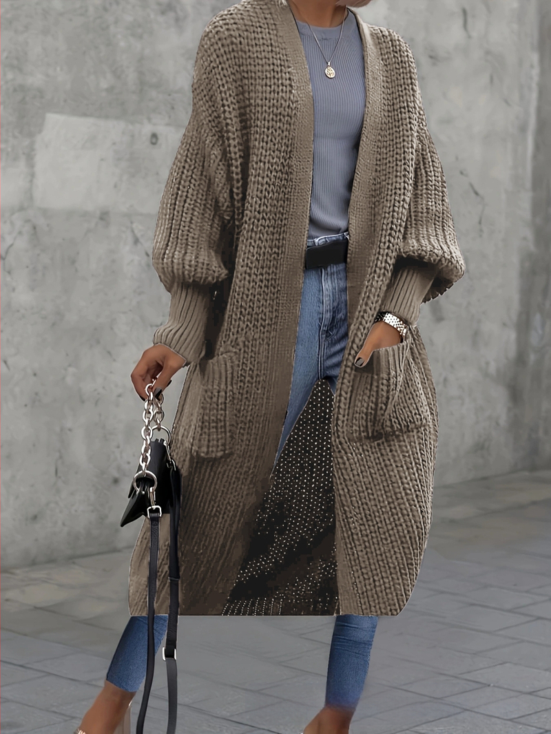 Ilgas megztinis kardiganas moterims (Poliesteris; 95%+ turinys; laisva forma; ilgos rankovės; pusiau atidaryta apykaklė)