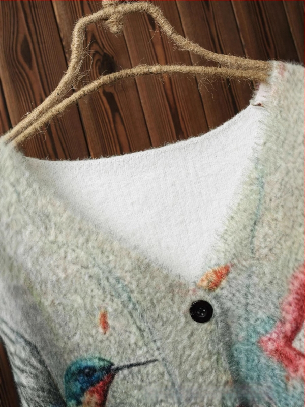 Moterų megztinis-paltas su gyvūnų raštu, poliesterio audinys, koliažo siuvimo detalės, japonų-korejiečių laisvalaikio stilius, vidutinio ilgio, V kaklo, ilgos rankovės