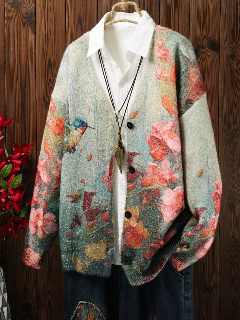 Moterų megztinis-paltas su gyvūnų raštu, poliesterio audinys, koliažo siuvimo detalės, japonų-korejiečių laisvalaikio stilius, vidutinio ilgio, V kaklo, ilgos rankovės