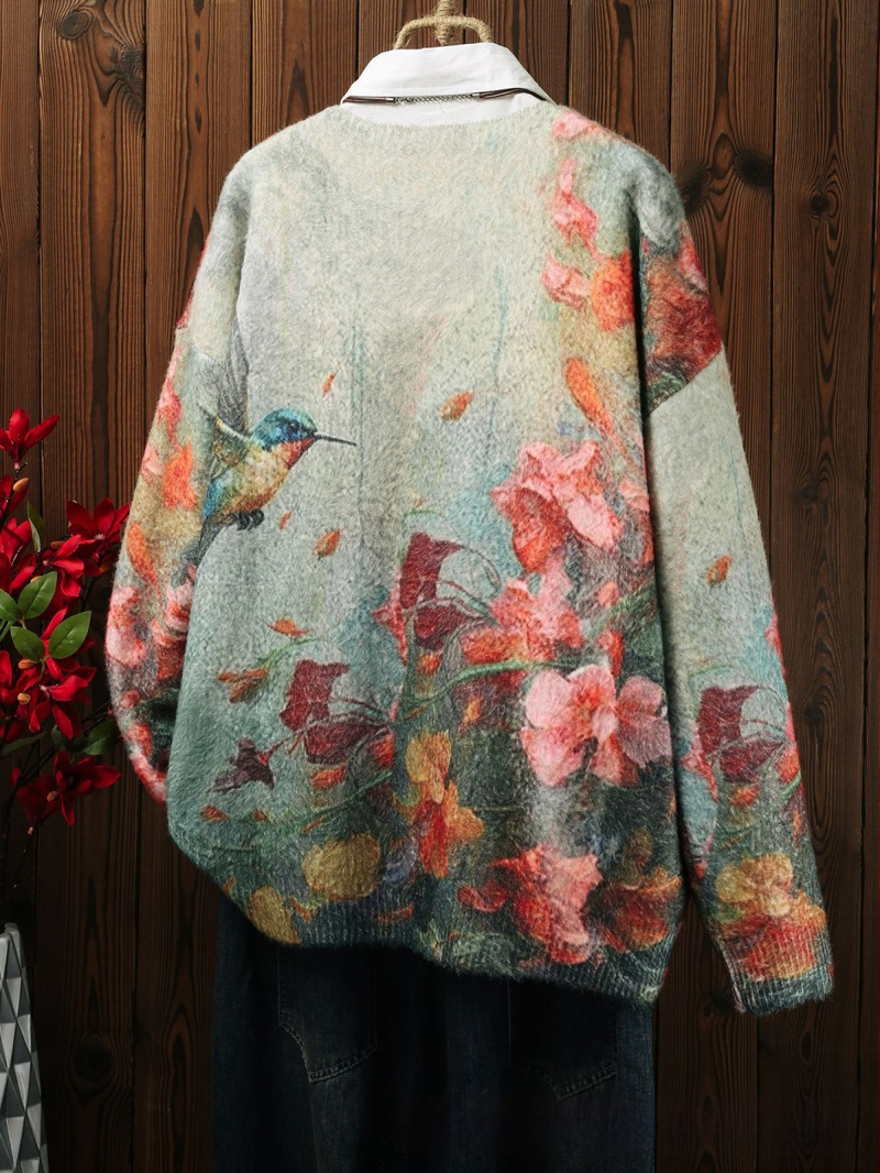 Moterų megztinis-paltas su gyvūnų raštu, poliesterio audinys, koliažo siuvimo detalės, japonų-korejiečių laisvalaikio stilius, vidutinio ilgio, V kaklo, ilgos rankovės