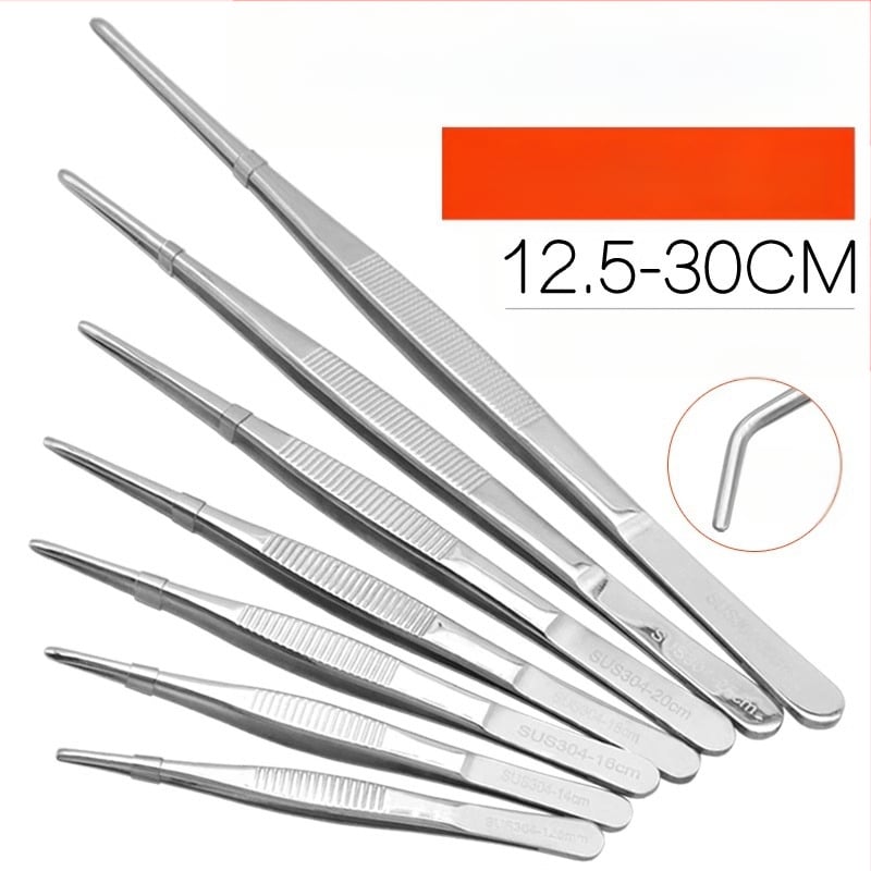 Nerūdijančio plieno pinsetės akvariumui su tiesiais ir išlenktais galiukais, skirtos maitinimui ir vandens augalų tvarkymui