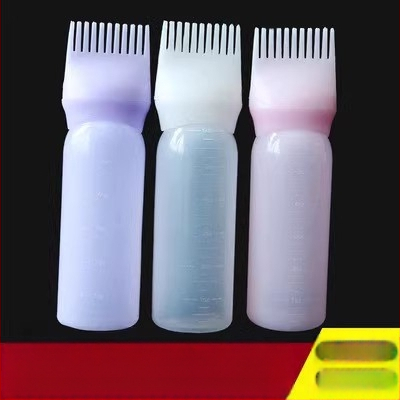 Bočica za bojanje kose s aplikatorom nalik češlju i posudom za kremu za bojanje, za salon