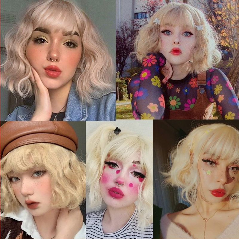 Κοντή γυναικεία περούκα με φράντζα, υφή νερού-κύματα, ίνες υψηλής θερμοκρασίας, μοντέλο 781