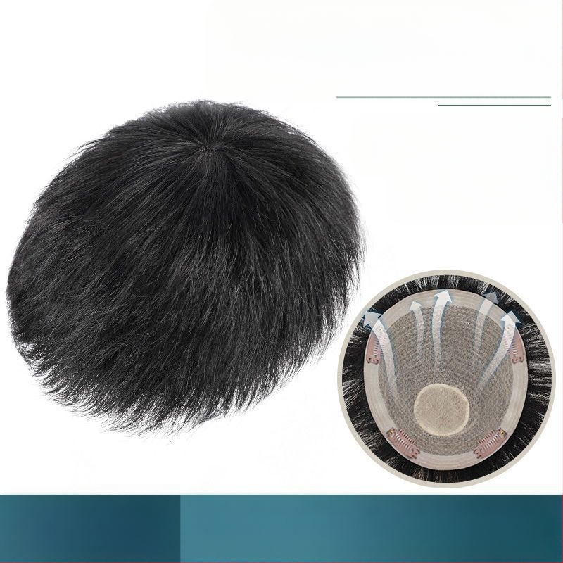 Мъжки парик от естествени коси с механизъм, къса дължина, може да се боядисва и да се подлага на перманентна обработка, покрива оплешивяване