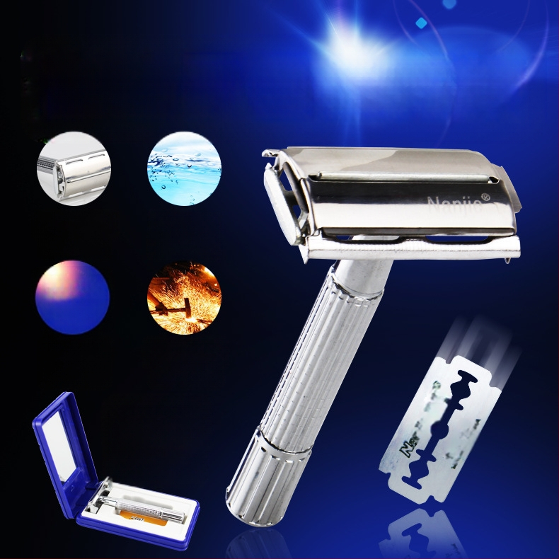 Rokasgriezējs pilnmetāla divpusējs skuveklis ar nerūsējošā tērauda asmeni, rotējoša galva