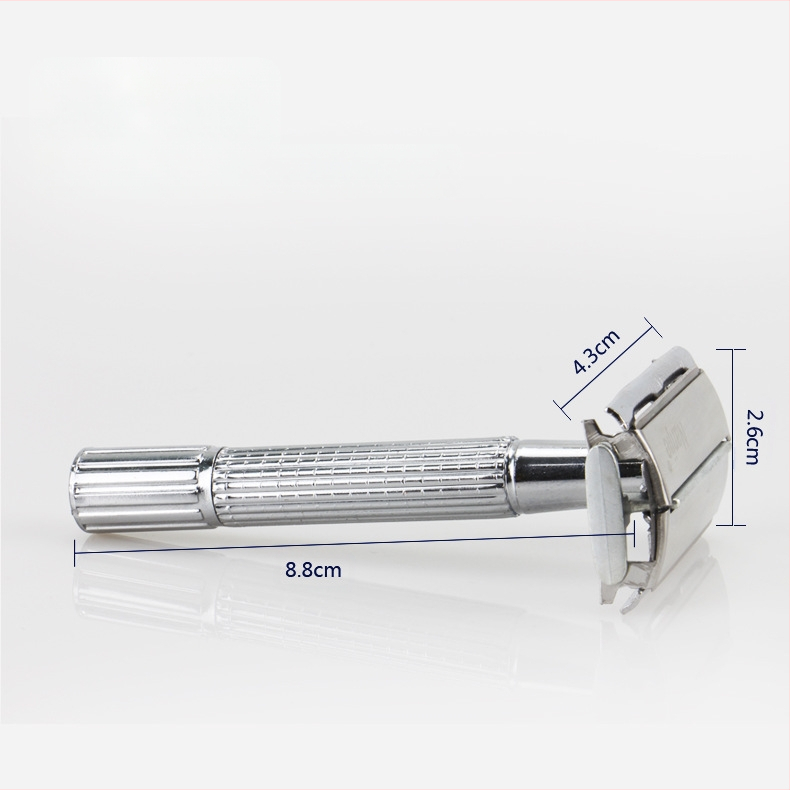 Rokasgriezējs pilnmetāla divpusējs skuveklis ar nerūsējošā tērauda asmeni, rotējoša galva